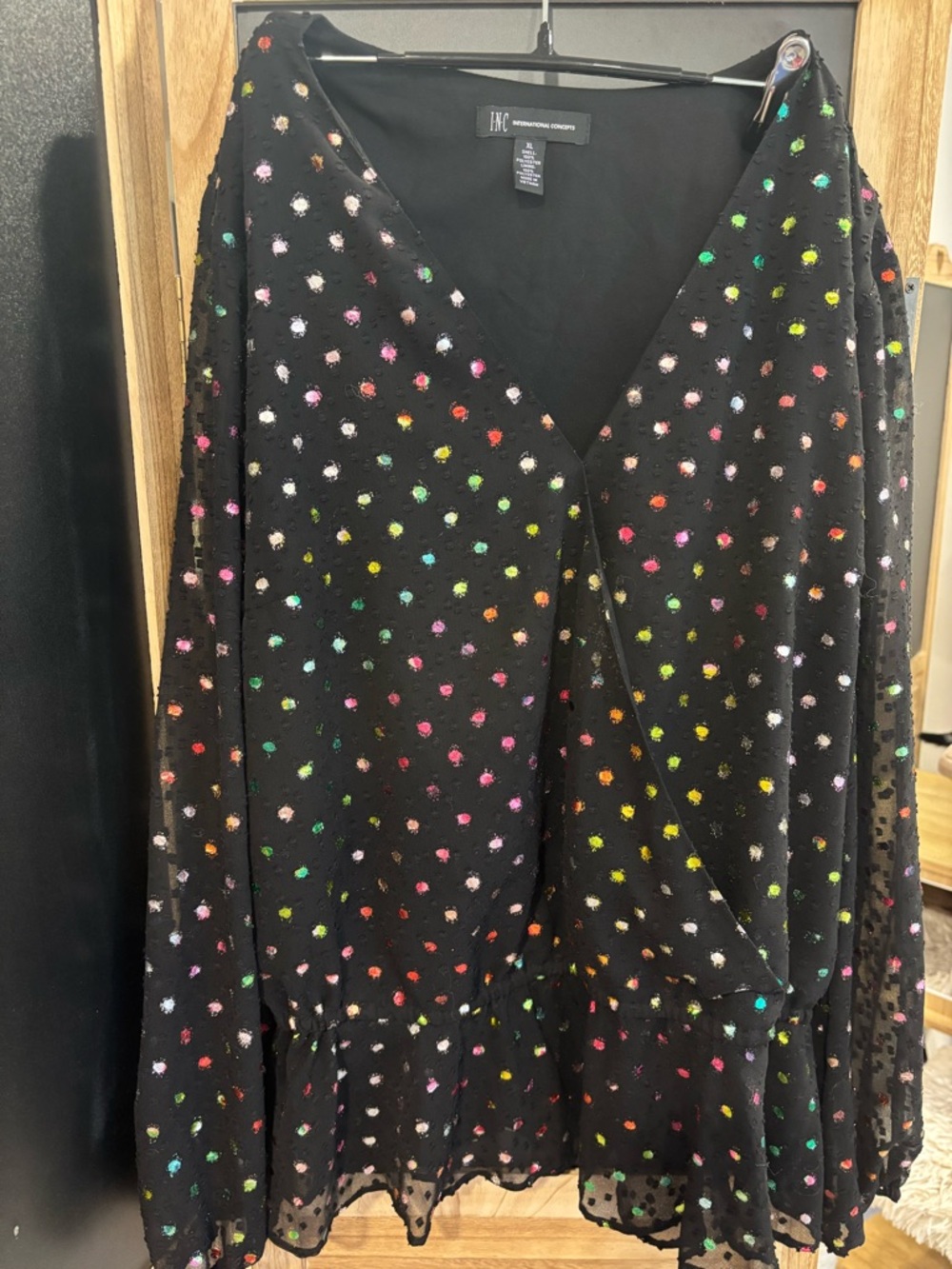 INC International Concepts Black Blouse with Pink and Cream Dot Accents